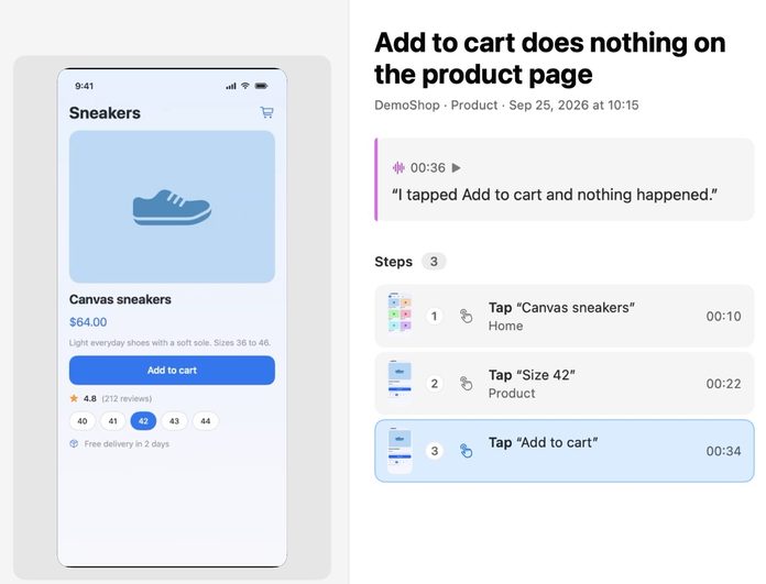 A bug report with the Simulator video, a voice quote and numbered steps with screens.
