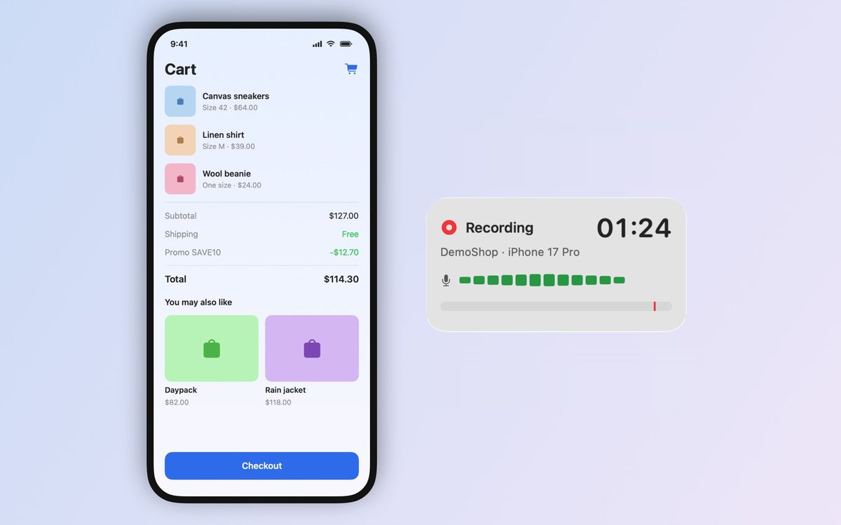 A recording timer beside an iPhone Simulator.